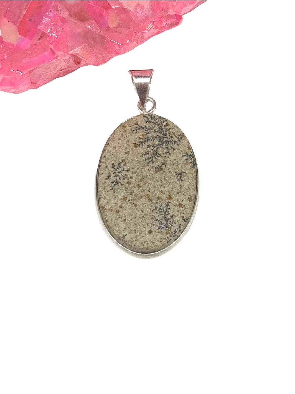 Dendritic Opal Necklace Pendant 925 Sterling Silver Overlay Oval Tan